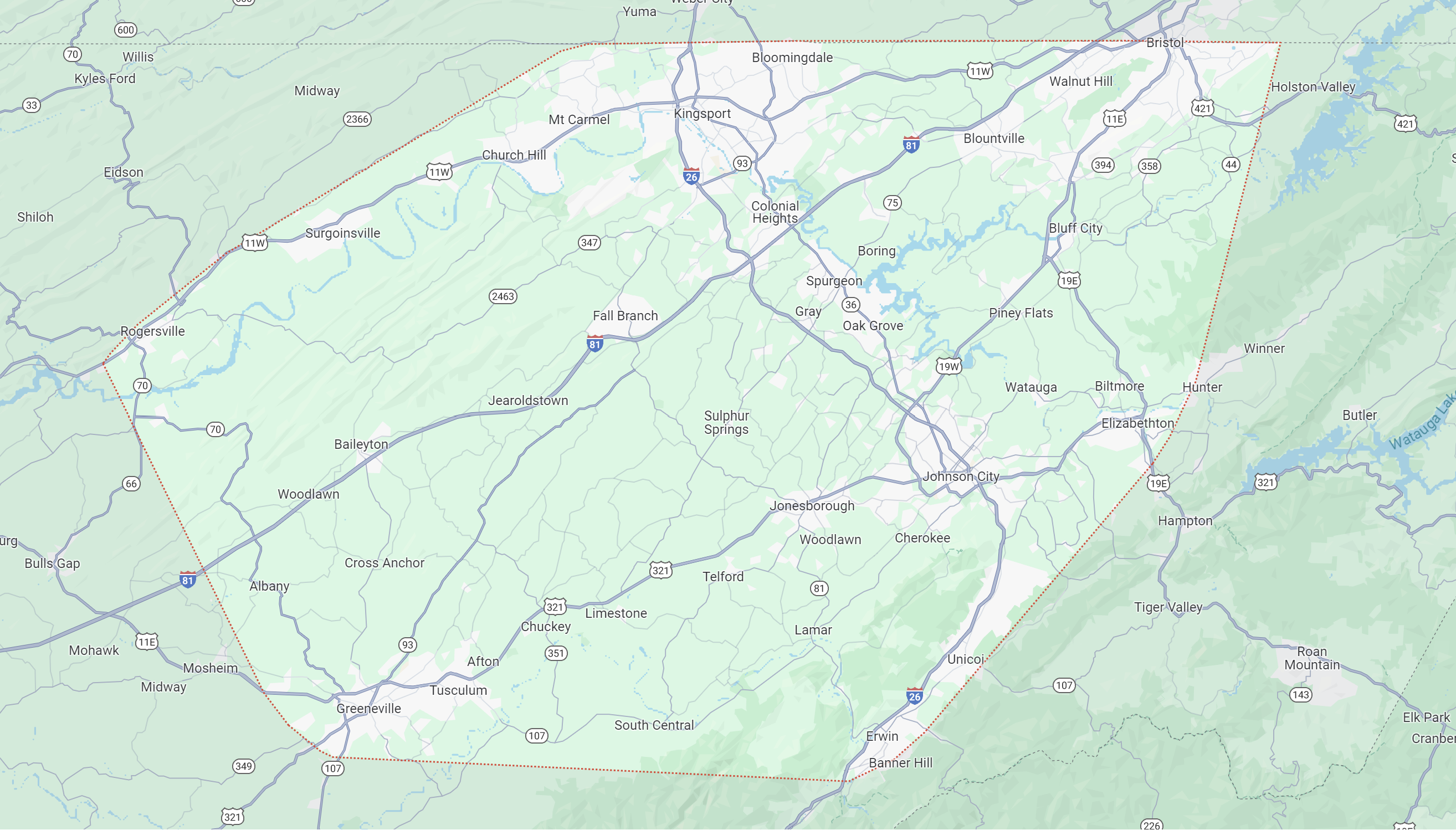 Map of Holston Home Inspections Service area including Kingsport, TN Johnson City, TN Jonesborough, TN Church Hill, TN Blountville, TN Gray, TN Mt. Carmel, TN Bluff City, TN Elizabethton, TN Erwin, TN Greenville, TN Rogersville, TN and anywhere in between!